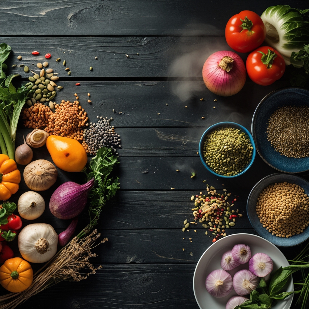 Assortment of colorful whole foods including vegetables, legumes, seeds, and grains arranged on a dark wooden surface with natural side lighting