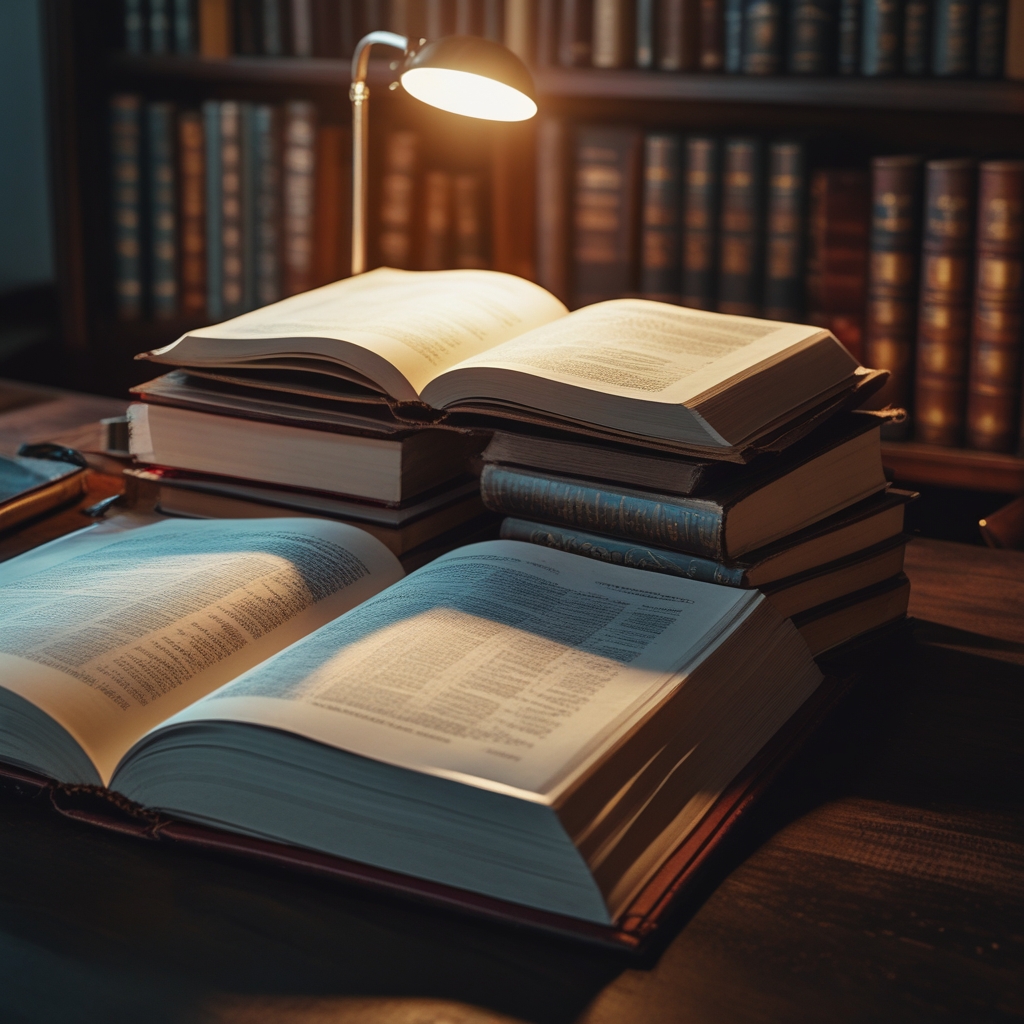 Stack of open research journals and academic reference books on a dark oak desk, illuminated by a warm desk lamp casting directional light across the pages